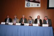 Předsednictvo zahajovacího ceremoniálu konference ECNS 2011 zleva - dr. Petr Lukáš (zástupce ředitele UJF AVČR), dr. Michael Steiner (ředitel ENSA), prof. Ivan Wilhelm  (náměstek ministra školství), prof. Zdeněk Němeček (děkan MFF UK), ing. Josef Dobeš (ředitel UČJF AVČR),  prof. Vladimír Sechovský (proděkan pro fyziku MFF UK)